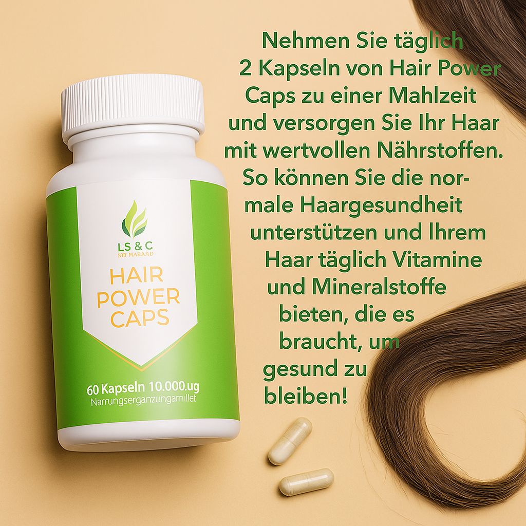 Weiße Flasche mit grüner Beschriftung. Daneben Kapseln und Haarsträhnen. Aufschrift: Hair Power Caps, 60 Kapseln, LS&C Nutrition. Text über Anwendung.