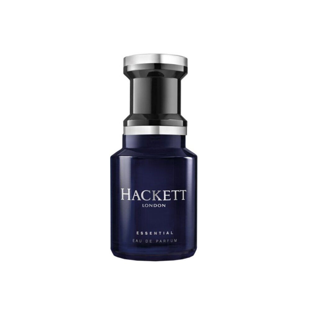 Dunkelblaue Flasche mit silbernem Deckel. Aufschrift: HACKETT LONDON, ESSENTIAL, Eau de Parfum.