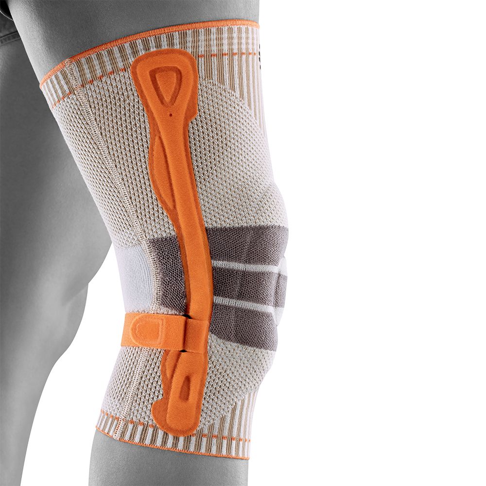 Bauerfeind Kniebandage mit seitlicher Stabilisierung und Pelotte.