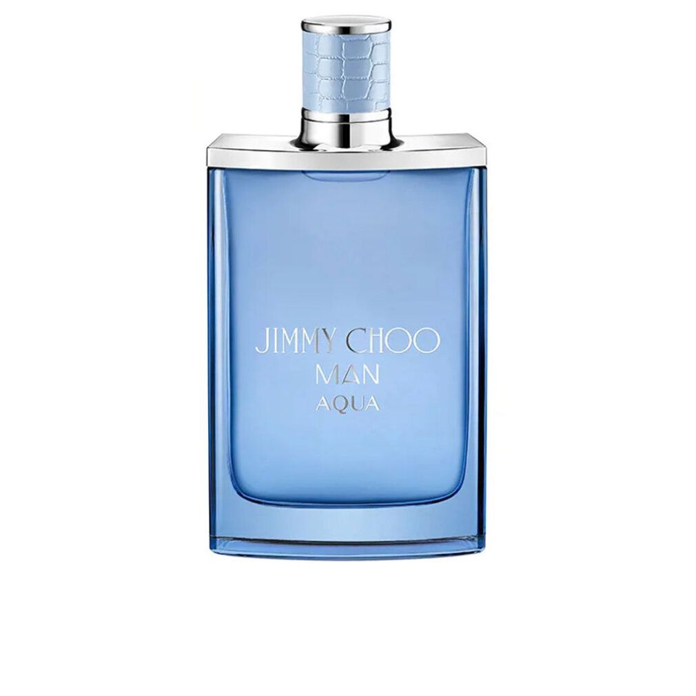 Hellblaues Parfümflakon mit silbernem Deckel. Aufschrift: JIMMY CHOO MAN AQUA. Eckige Form.