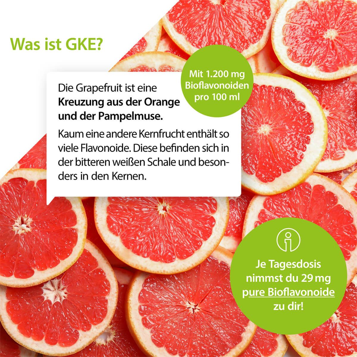 Grapefruit-Scheiben. Text: 'Was ist GKE?' und Informationen zu Flavonoiden. Text: '1.200 mg Bioflavonoide pro 100 ml'.
