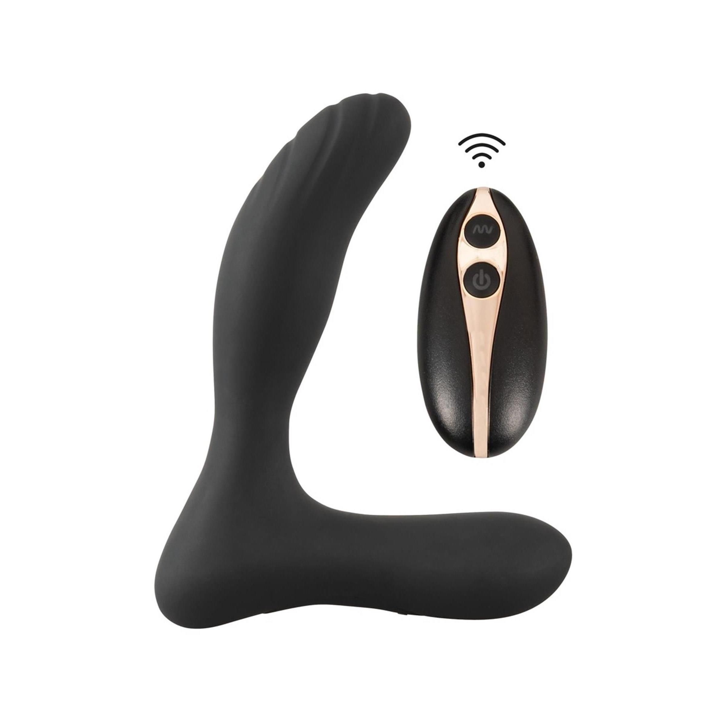 Schwarzer ANOS RC Prostate Butt Plug mit gekrümmter Form und separater ovaler Fernbedienung.