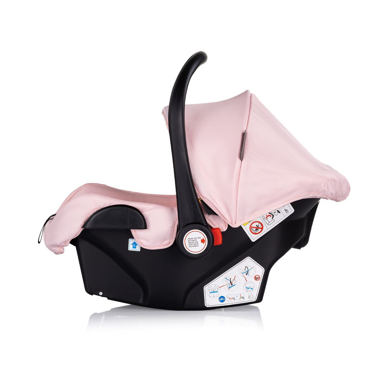 Schwarzer Baby-Autositz mit Verdeck und Sitzverkleinerer. "moni" Logo sichtbar.
