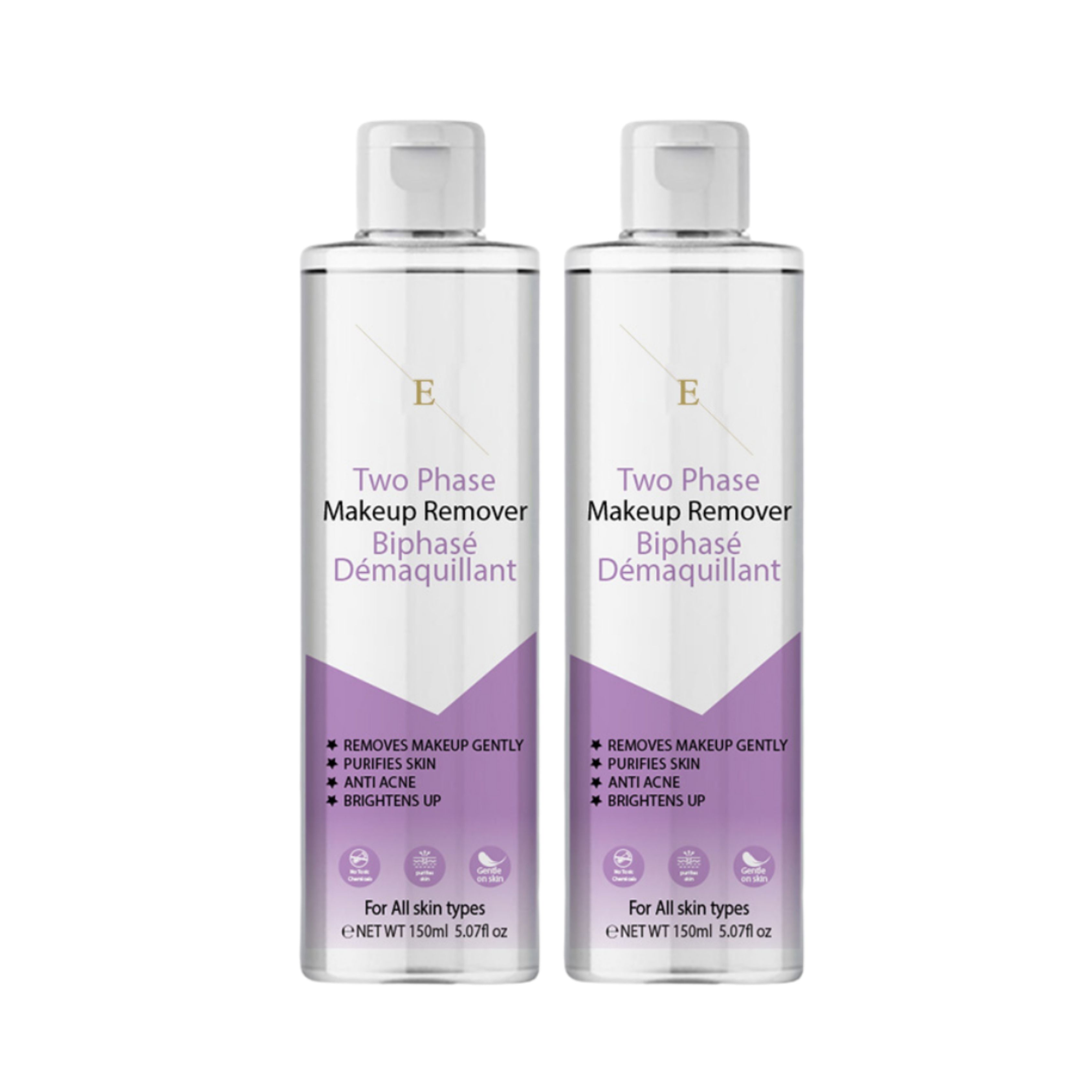 Twee flessen tweefasige make-up remover. Witte doppen, transparante flessen met paarse etiketten. Tekst: "Two Phase Makeup Remover".