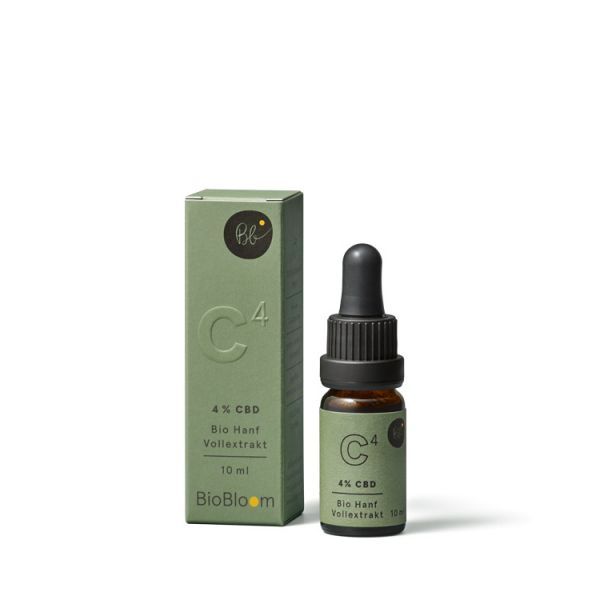Grüne Verpackung und Flasche mit CBD-Öl. Aufschrift "C4", "4% CBD", "Bio Hanf Vollextrakt". Flasche mit Pipette.