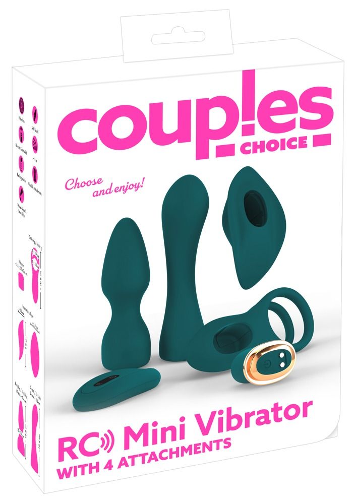 Verpackung mit Produktabbildungen. Aufschrift: Couples Choice, RC Mini Vibrator mit 4 Aufsätzen.