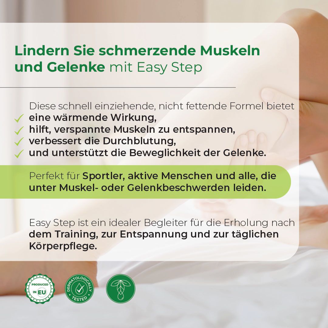 Text: Lindert schmerzende Muskeln und Gelenke mit Easy Step. Vorteile: wärmend, entspannt Muskeln, verbessert Durchblutung.