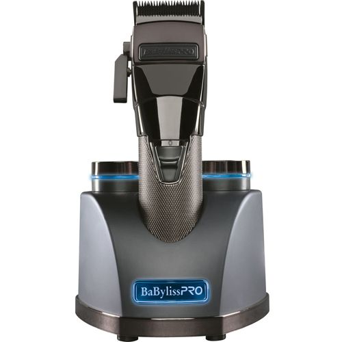 Haarschneidemaschine mit Ladestation. Schwarz und grau. BaBylissPRO Logo auf der Basis. Blaue LED-Beleuchtung.