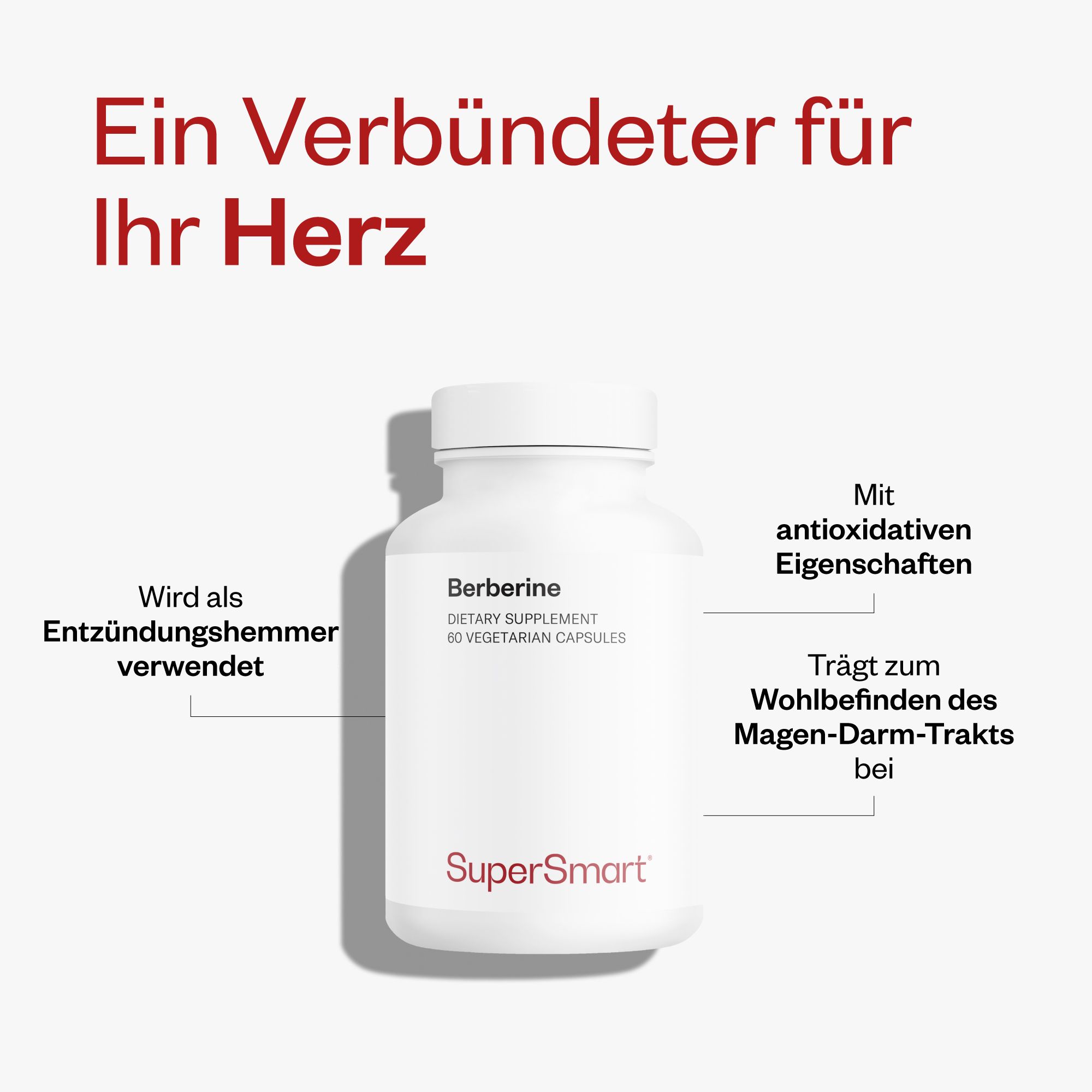 Weiße Flasche mit Berberin-Kapseln. Text: Berberine, 60 vegetarische Kapseln. SuperSmart-Logo. Beschriftungen mit Eigenschaften.