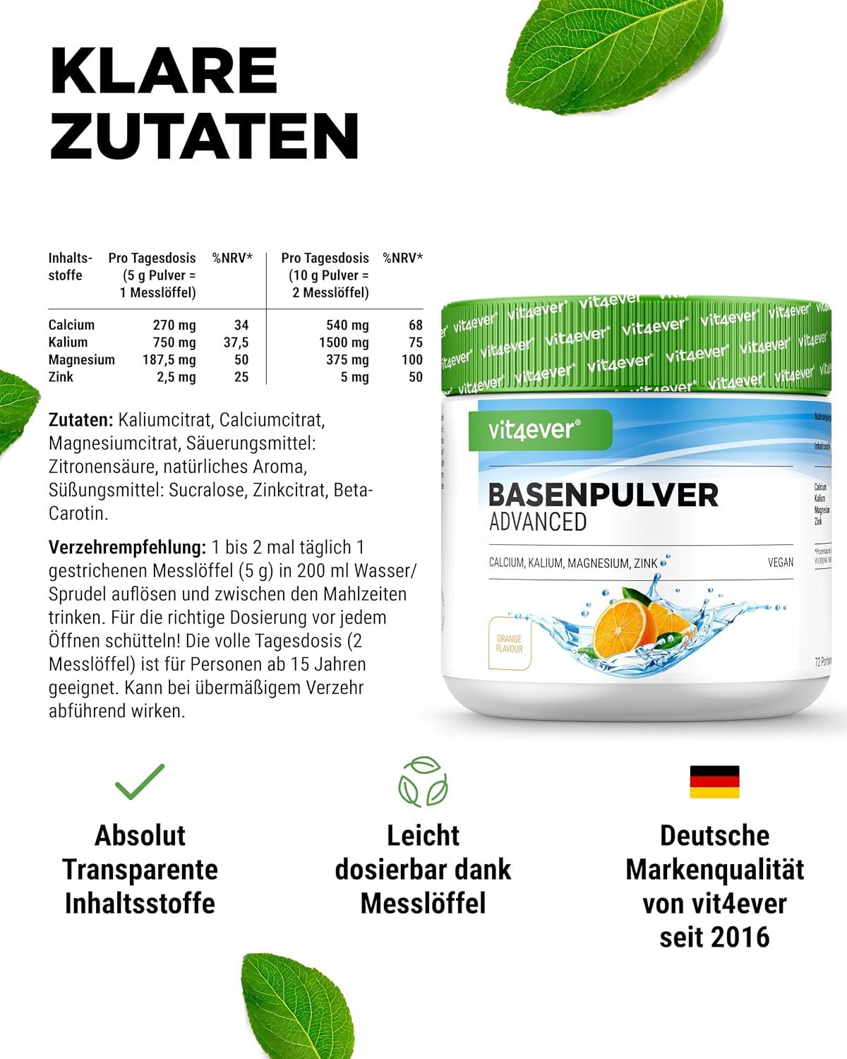 Vit4ever Basenpulver Advanced Dose, Inhaltsstoffe: Calciumcitrat, Kaliumcitrat, Magnesiumcitrat, Zinkcitrat.
