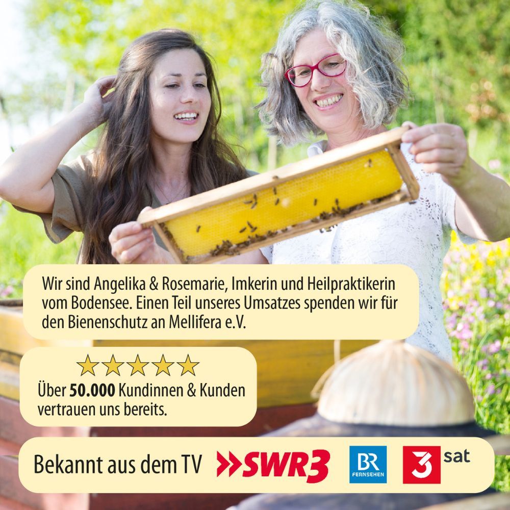 Zwei Frauen halten Bienenwaben. Text: Imkerin und Heilpraktikerin. Logo: SWR3, BR, 3sat. Sterne-Bewertung.