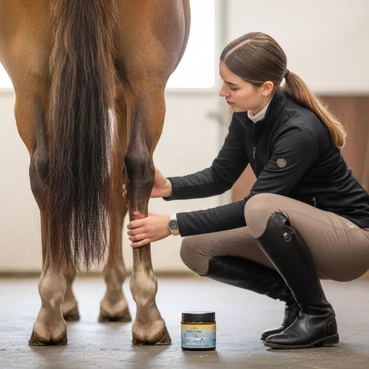 Frau kniet neben Pferd und berührt dessen Bein. Braunes Glas mit schwarzem Deckel am Boden.