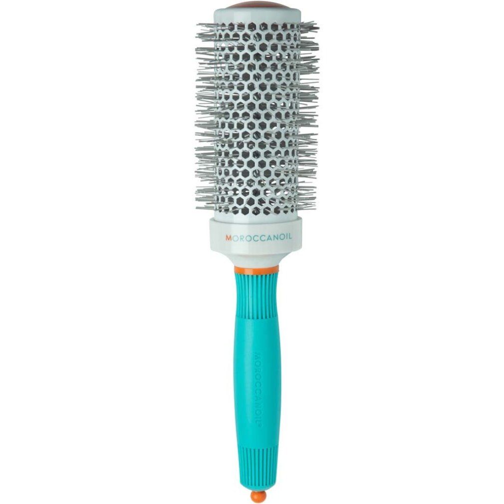 Moroccanoil Rundbürste mit türkisfarbenem Griff und silbernem Schaft mit Wabenmuster.