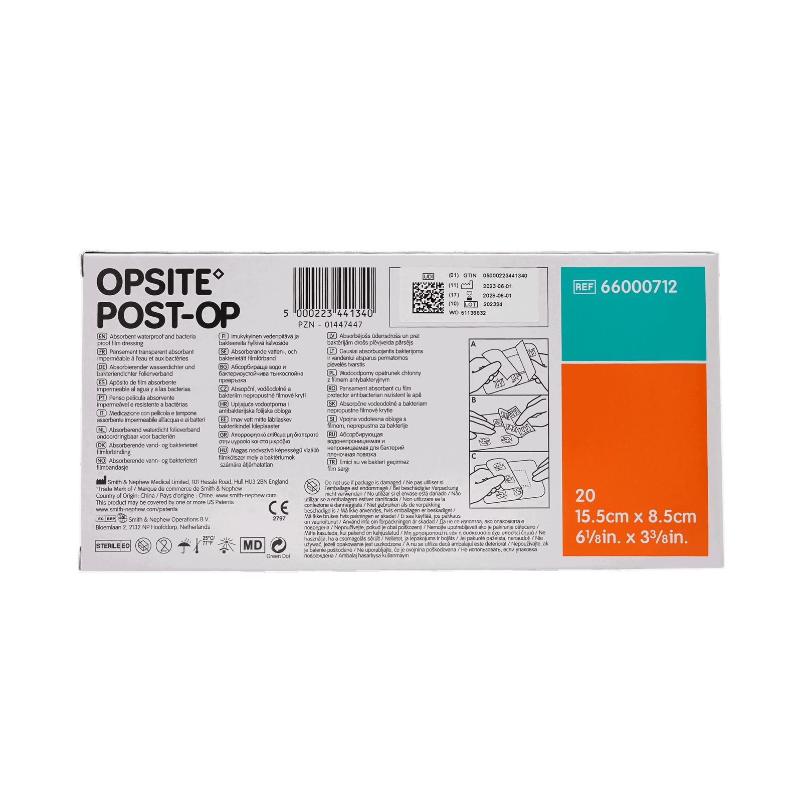 Rückseite der Opsite Post-Op Verbandverpackung. Enthält Produktinformationen, Gebrauchsanweisungen und Größenangaben.