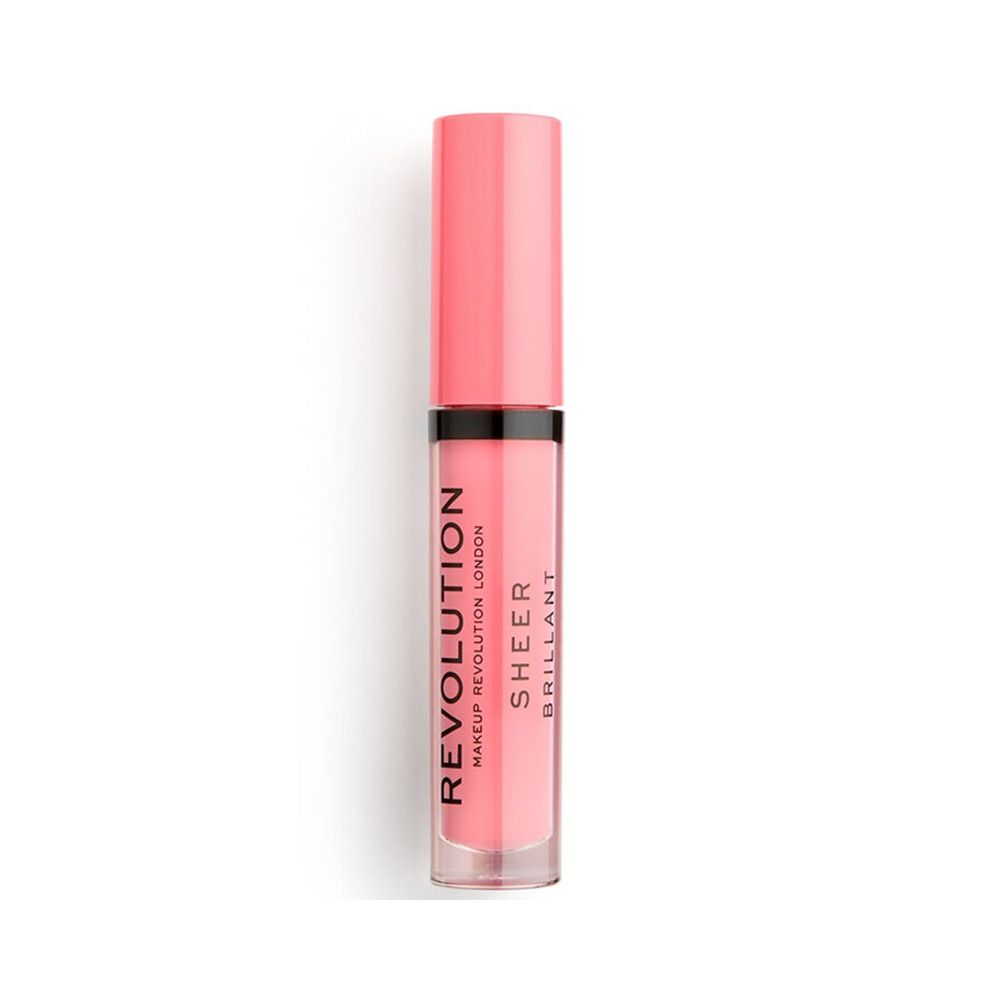 Lipgloss-Tube mit rosa Deckel. Aufschrift: REVOLUTION LONDON, SHEER BRILLANT. Transparenter Behälter mit rosa Inhalt.