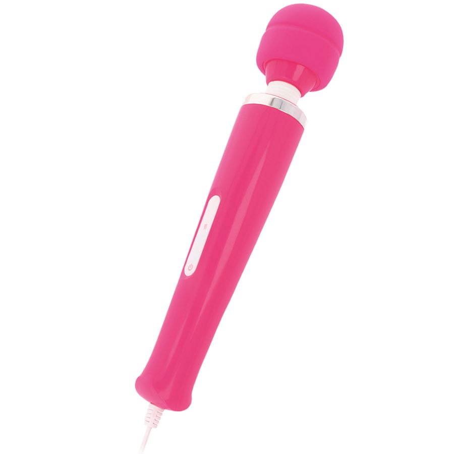 Rosa Massagestab mit rundem Kopf. Der Stab hat einen Knopf und ein Kabel.