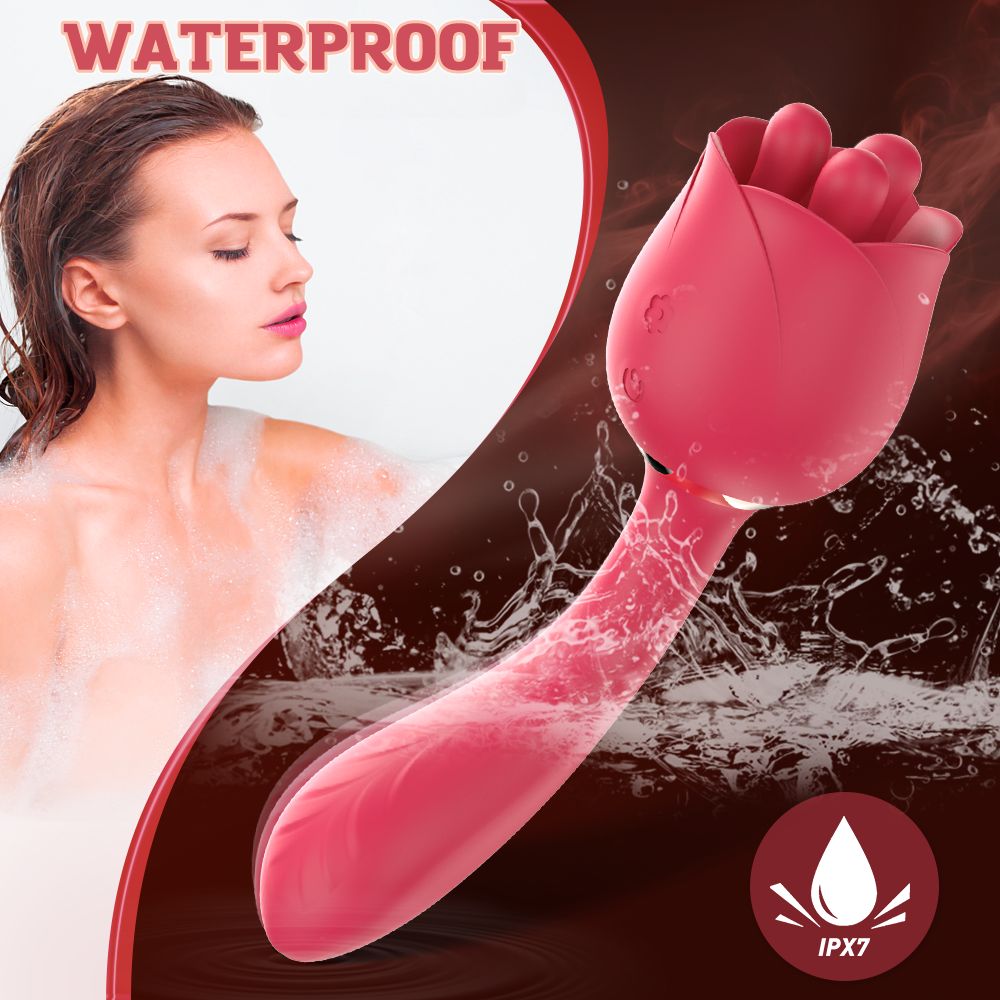 Rosa Vibrator in Rosenform mit drei Kugeln. Text: WATERPROOF, IPX7. Frau im Hintergrund im Bad.