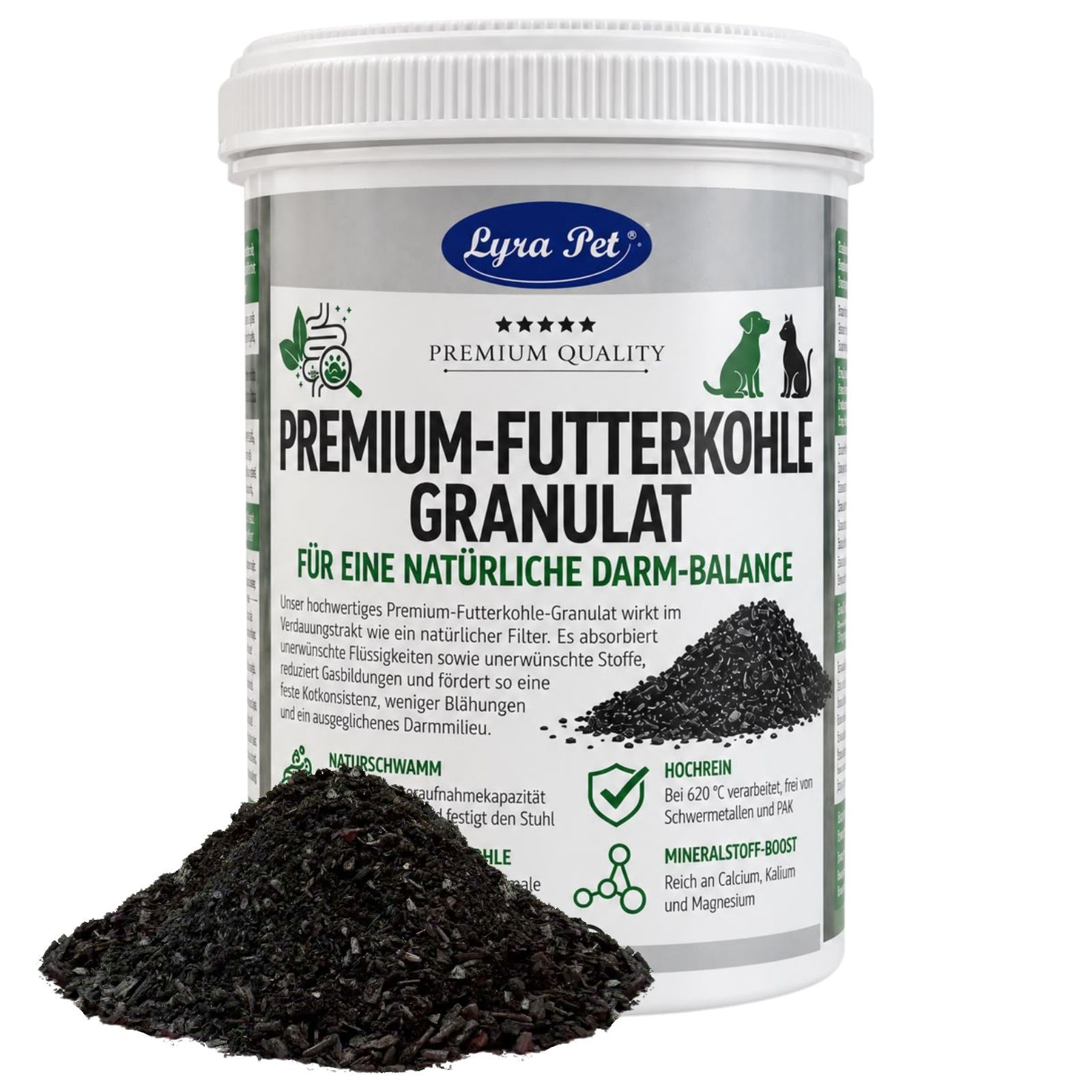 Ein Behälter Lyra Pet® Premium-Futterkohle Granulat steht auf einem weißen Untergrund. Daneben ein Haufen Granulat und Icons mit Produktmerkmalen.