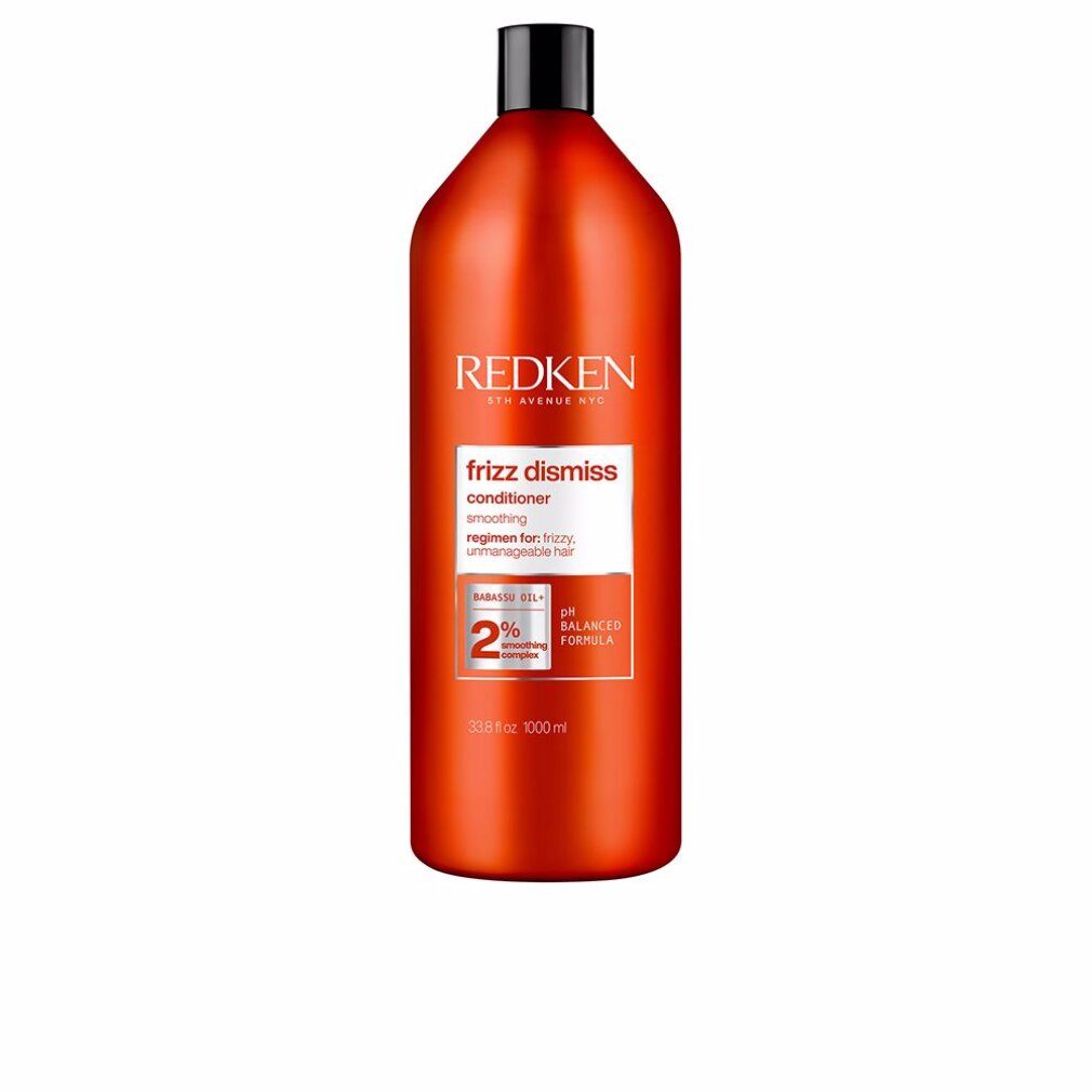 Rote Flasche mit schwarzem Deckel. Aufschrift Redken Frizz Dismiss. Enthält 2% Smoothing Complex. pH-ausgeglichene Formel.