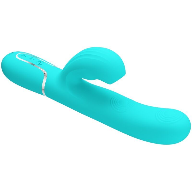 Türkisfarbener Vibrator mit gebogenem Ende und zylindrischem Hauptteil. Bedienknöpfe am unteren Ende.