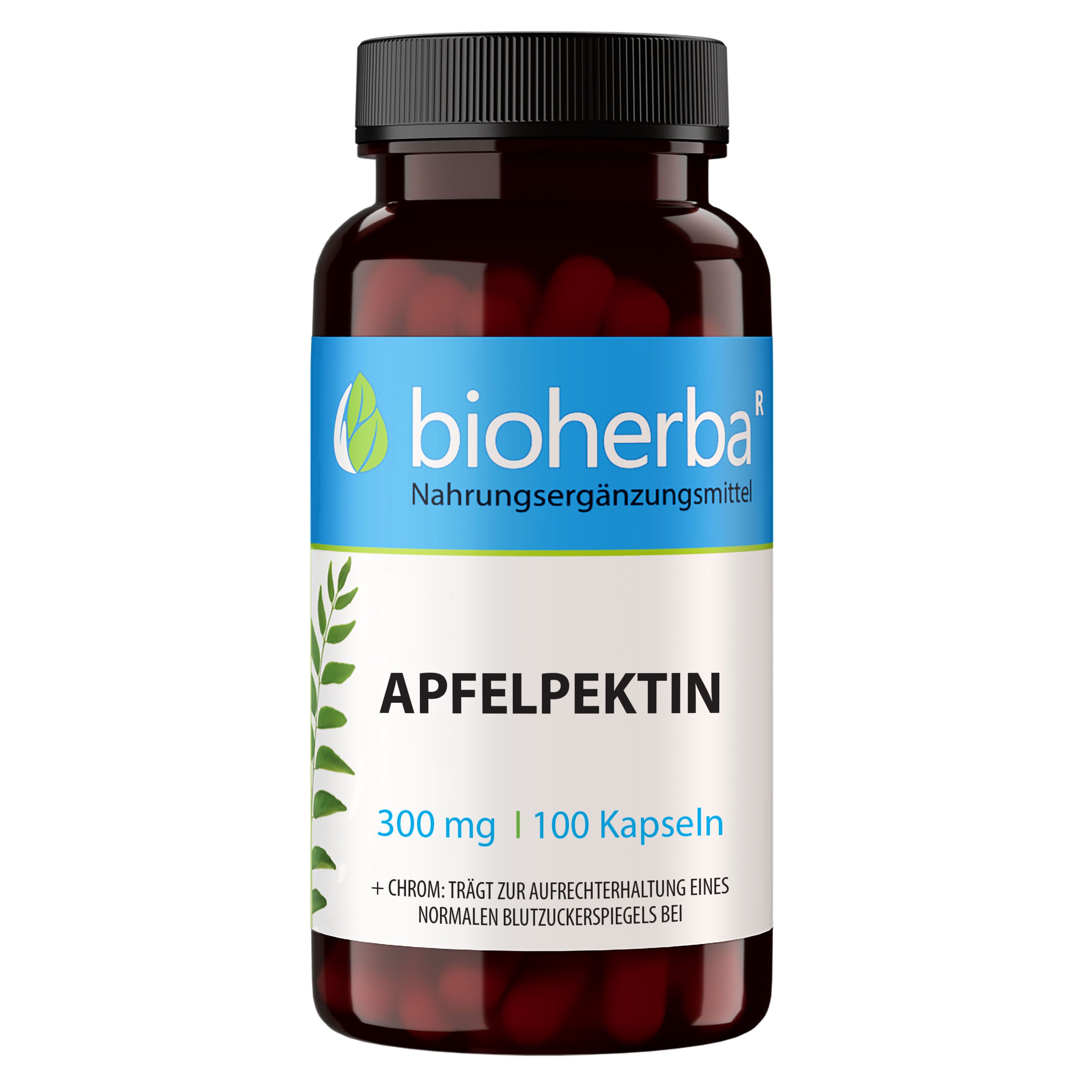 Braune Flasche mit schwarzen Deckel. Aufschrift: Bioherba, Apfelpektin, 300 mg, 100 Kapseln. Nahrungsergänzungsmittel.