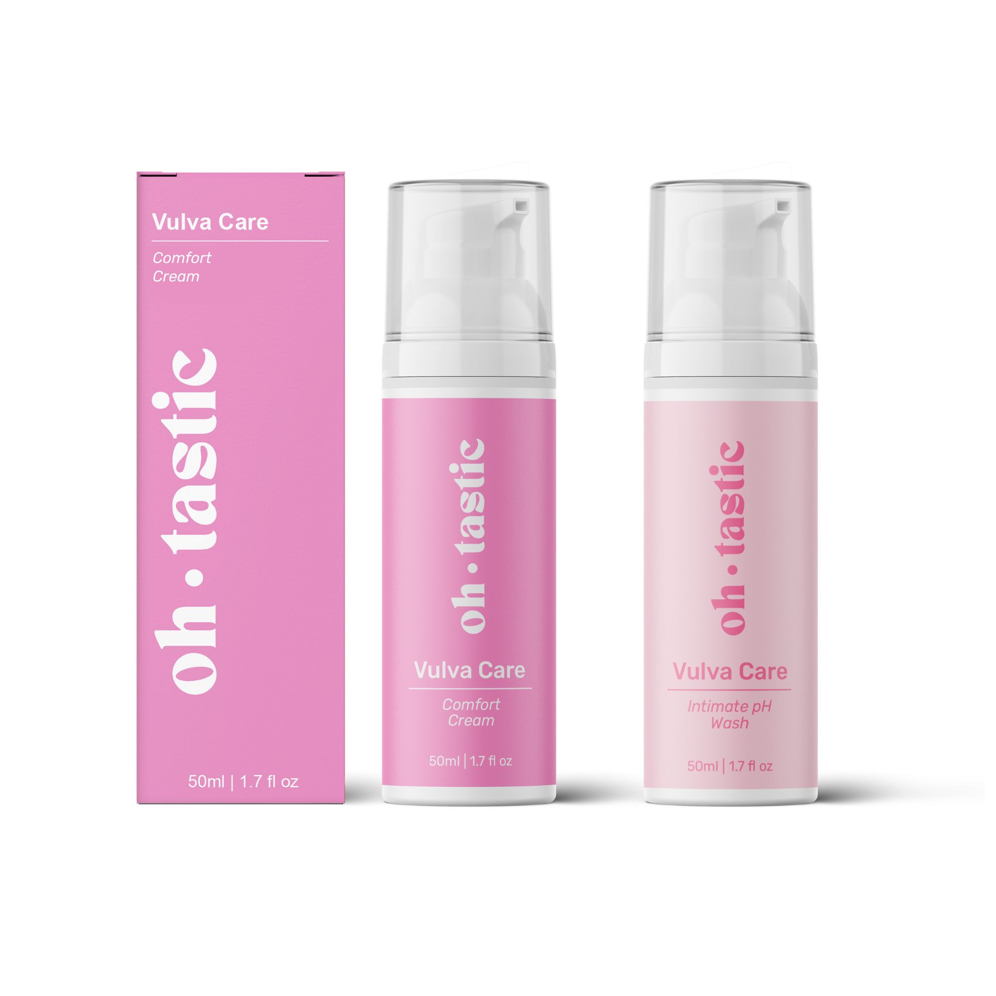 Zwei rosa Flaschen mit Pumpverschluss und eine rosa Schachtel. Aufschrift: oh.tastic, Vulva Care, Comfort Cream, Intimate gel wash.