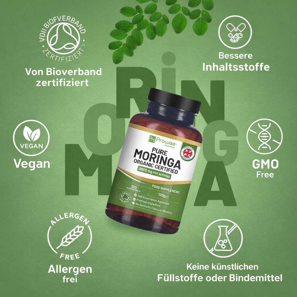 Braune Flasche mit Prowise Moringa Kapseln. Aufschrift: Pure Moringa Organic Certified. Vegan, Allergenfrei, GMO Free, Soil Association Approved.