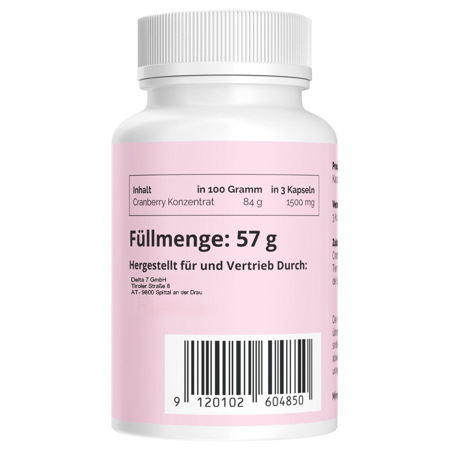 Rückseite einer weißen Flasche. Rosa Etikett mit Füllmenge, Herstellerinformationen und Barcode. Text in deutscher Sprache.