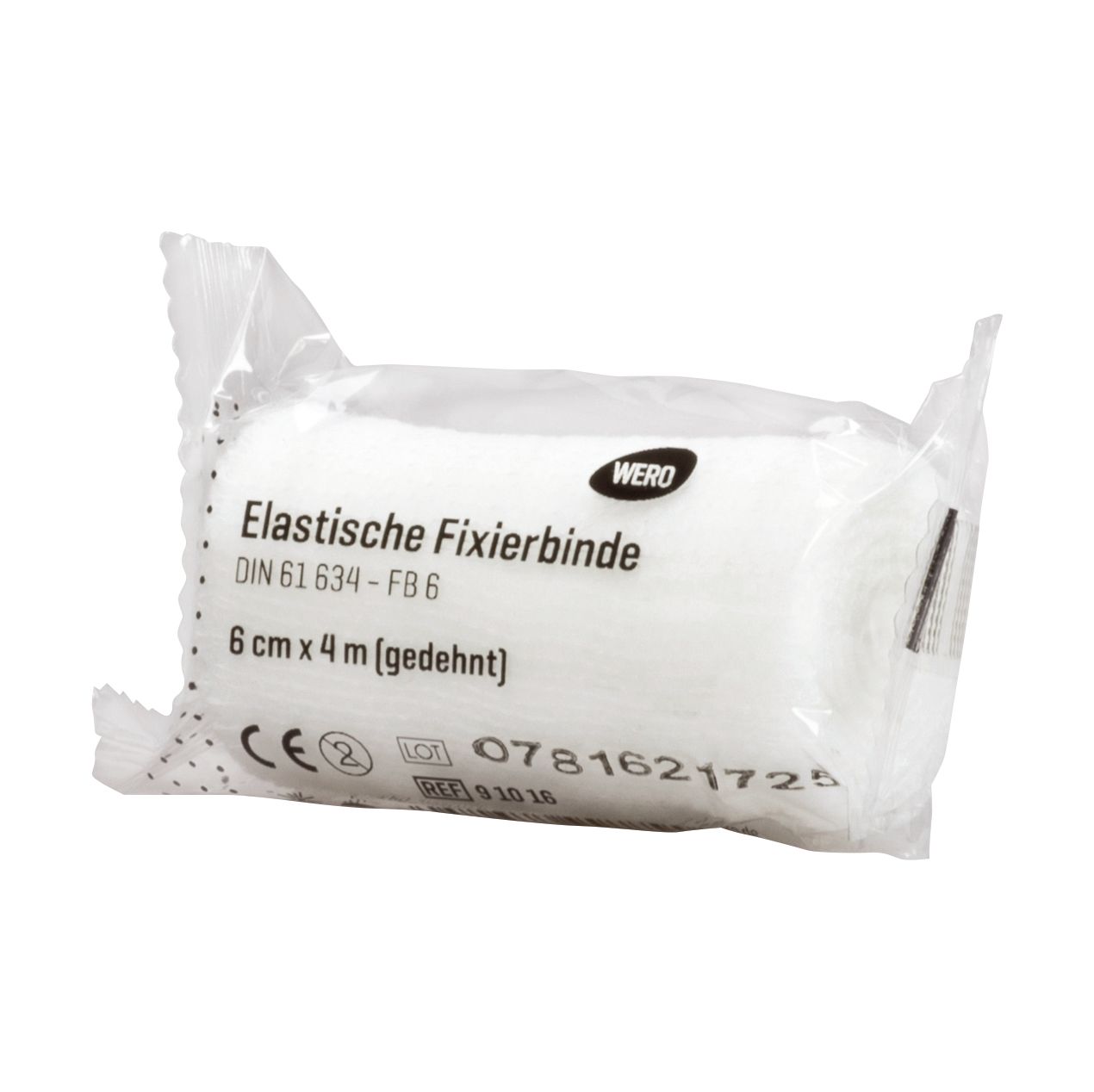 Elastische Fixierbinde in Folienverpackung. Aufschrift: 6 cm x 4 m, WERO, CE-Zeichen.
