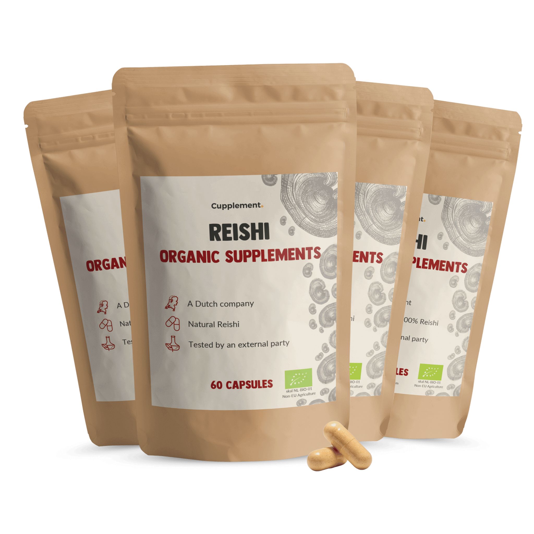 Mehrere Beutel mit Reishi-Kapseln. Aufschrift: Cupplement, Reishi Organic Supplements, 60 Kapseln.