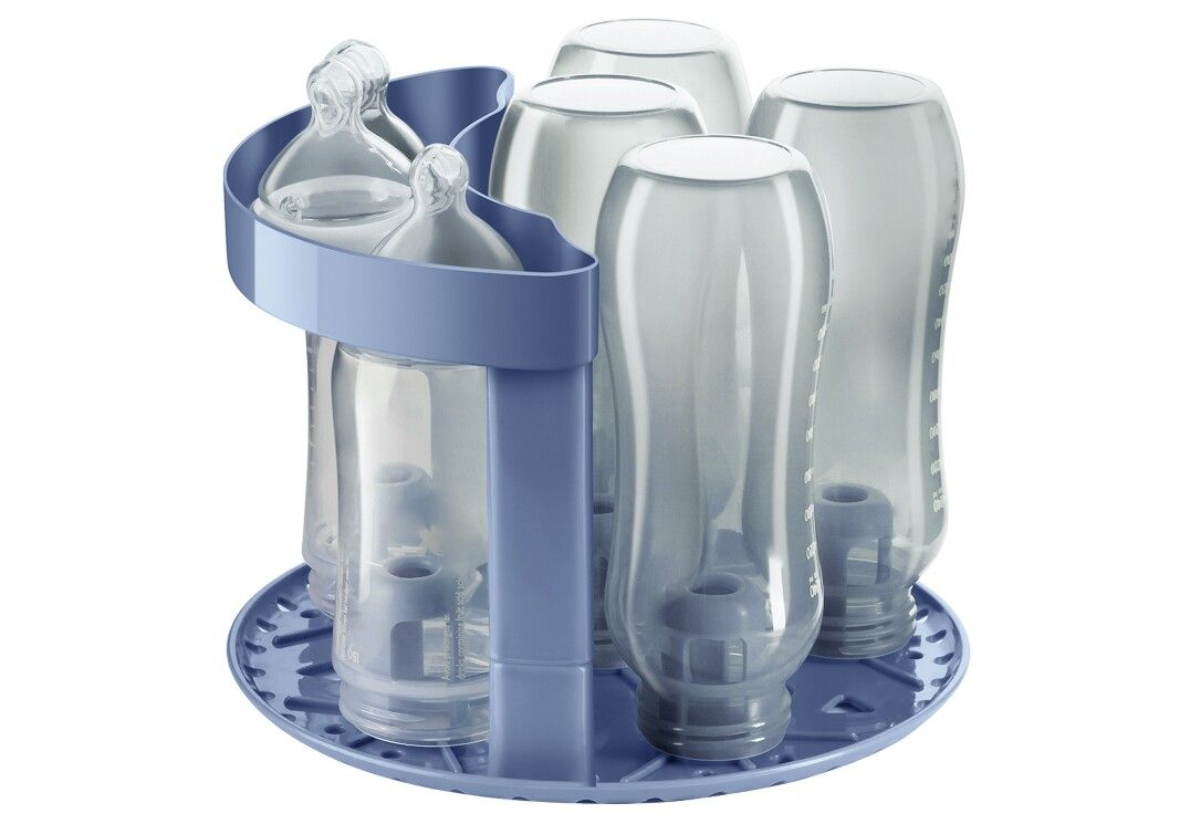 Blau-weißer Flaschenhalter für Vaporisator. Für 6 Flaschen. Flaschenhalterung mit Griff.