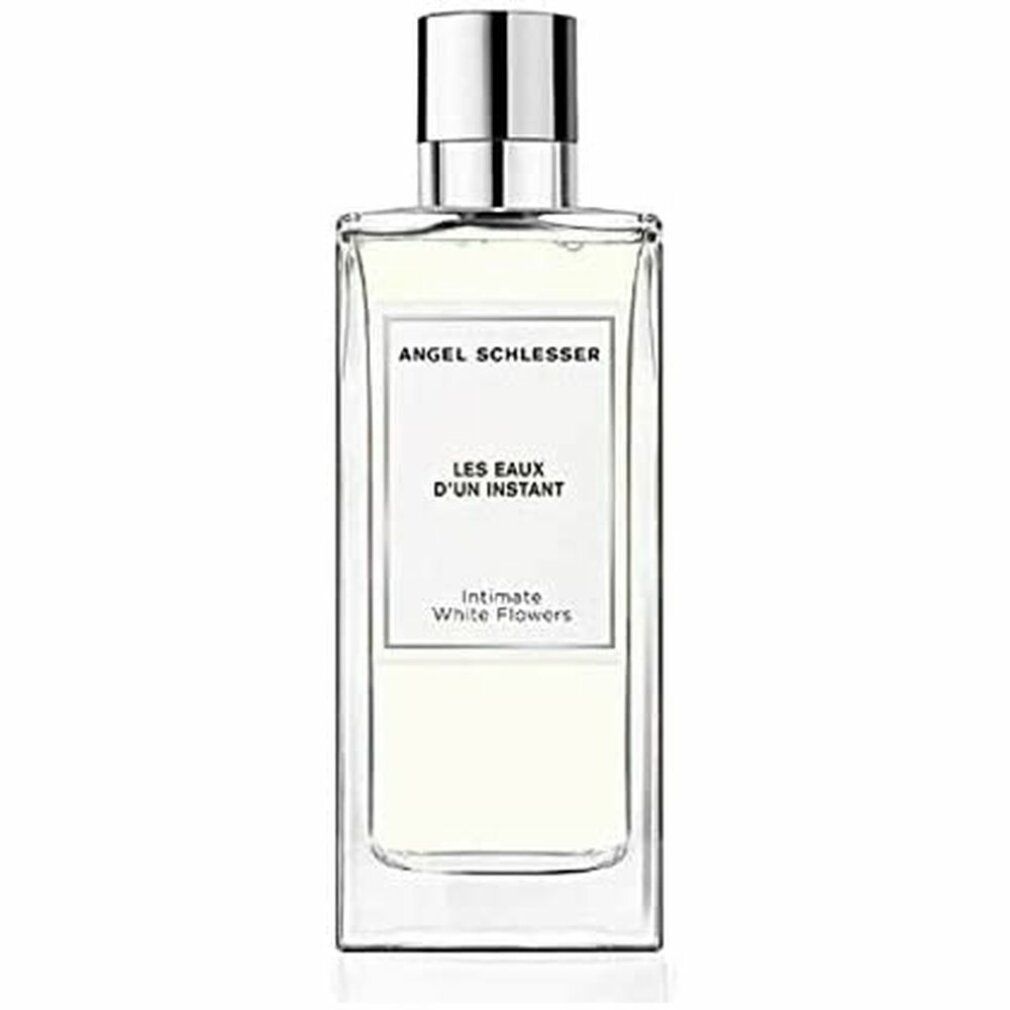 Rechteckiger Flakon mit silbernem Deckel. Aufschrift: Angel Schlesser, Les Eaux d'Un Instant, Intimate White Flowers.