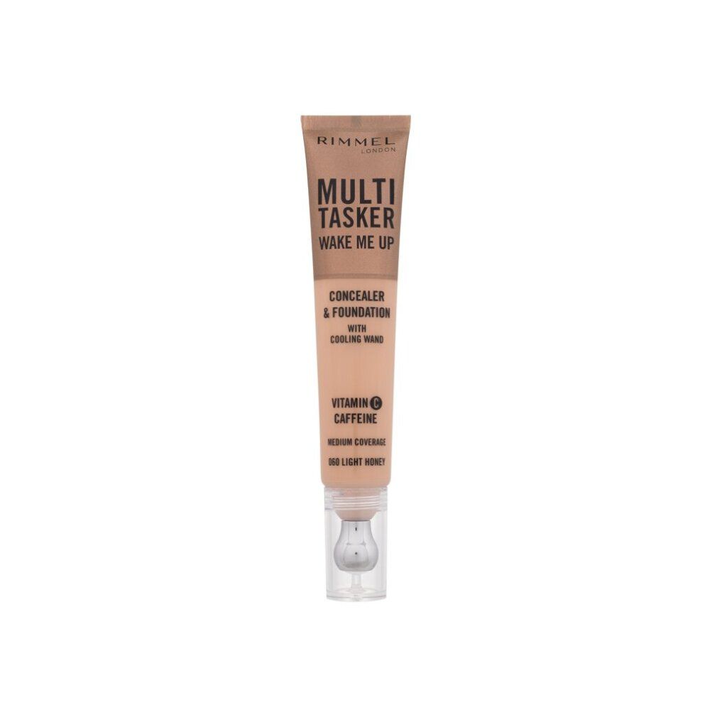 Tube mit "Rimmel London Multi Tasker Wake Me Up Concealer & Foundation". Kühlender Applikator. Text: Vitamin C, Koffein.