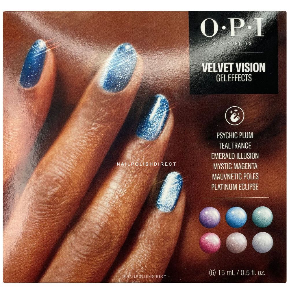 OPI Velvet Vision Gel Effects Set. Sechs Nagellackfarben, 15 ml pro Flasche. Produktname und Logo auf der Verpackung.