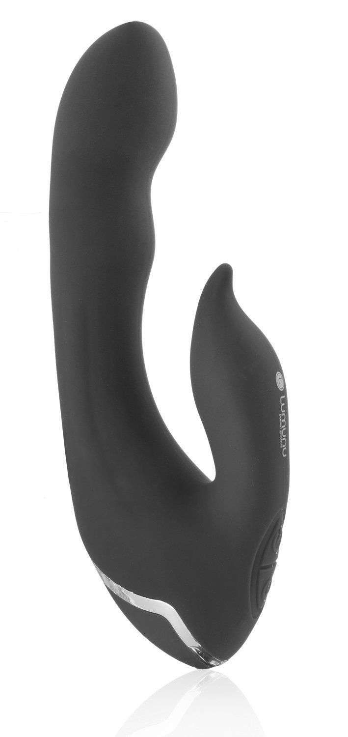 Schwarzer Vibrator mit geschwungener Form. Sichtbar sind Bedienknöpfe und das Logo.