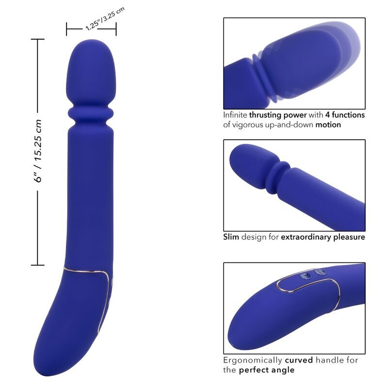 Blauer Vibrator mit abgerundetem Kopf und gebogenem Schaft. Abmessungen und Funktionen.