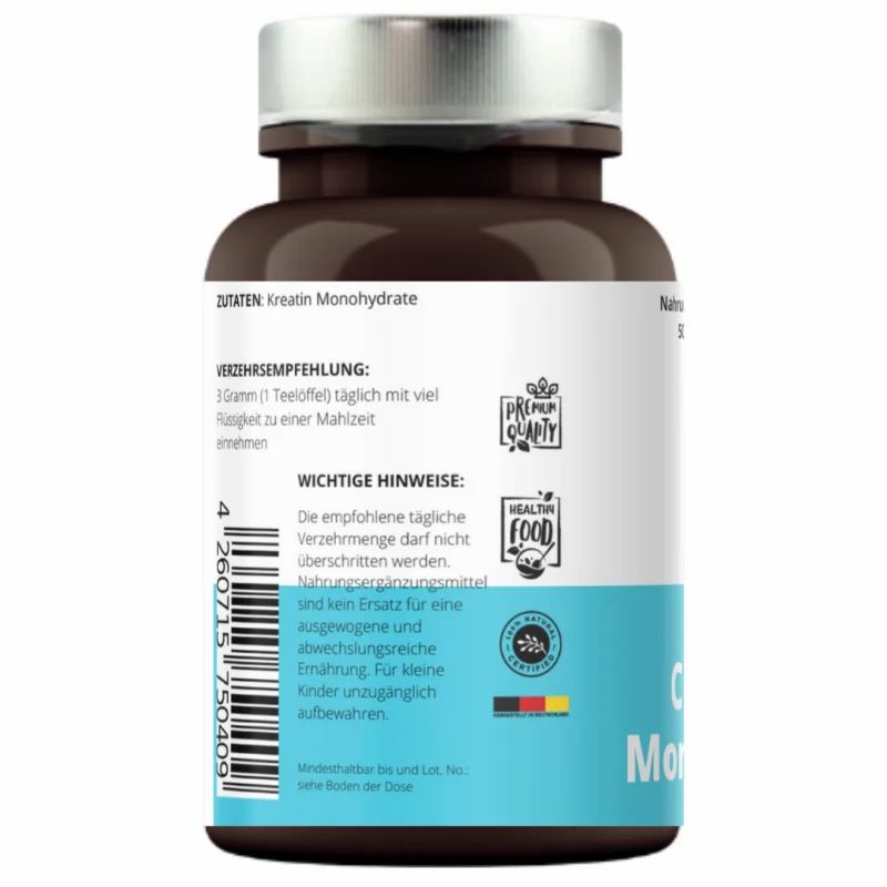 Rückseite der Dose. Enthält Verzehrempfehlung und Warnhinweise. Aufschrift: Creatin Monohydrat.