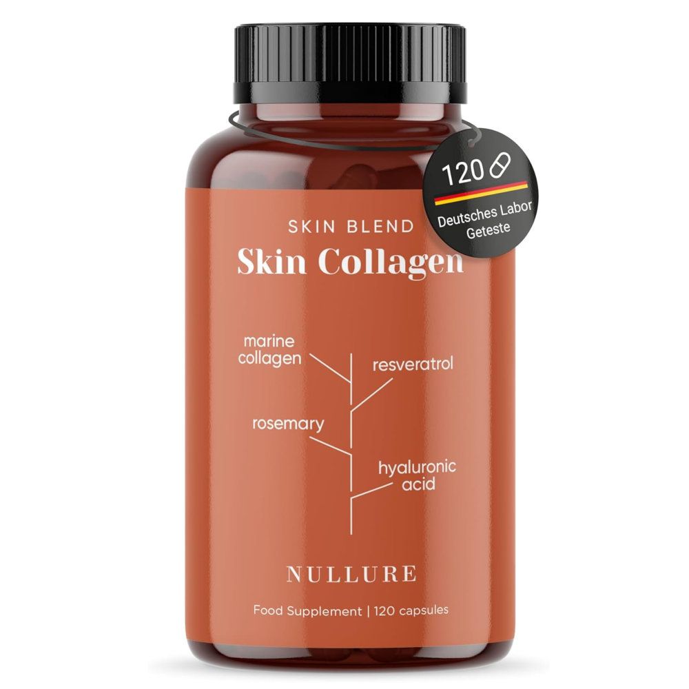 Braune Flasche mit schwarzen Deckel. Aufschrift: Skin Blend Skin Collagen. Enthält marine collagen, Resveratrol, Rosmarin, Hyaluronsäure. Text: 120 Kapseln. Deutsches Labor Getestet.