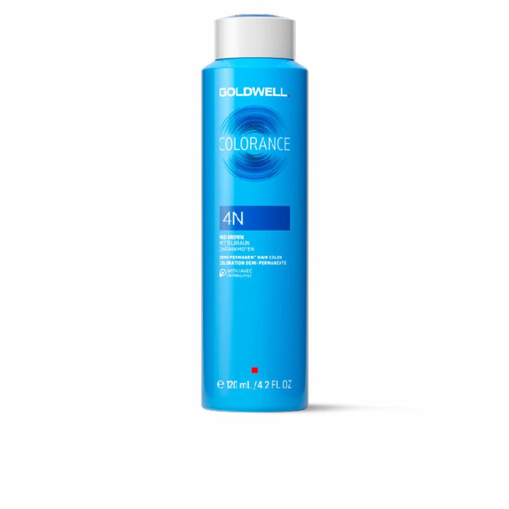 Flasche COLORANCE 4N, blau. Goldwell-Logo und Produktbezeichnung. 4N-Farbcode. Demi-permanente Haarfarbe.
