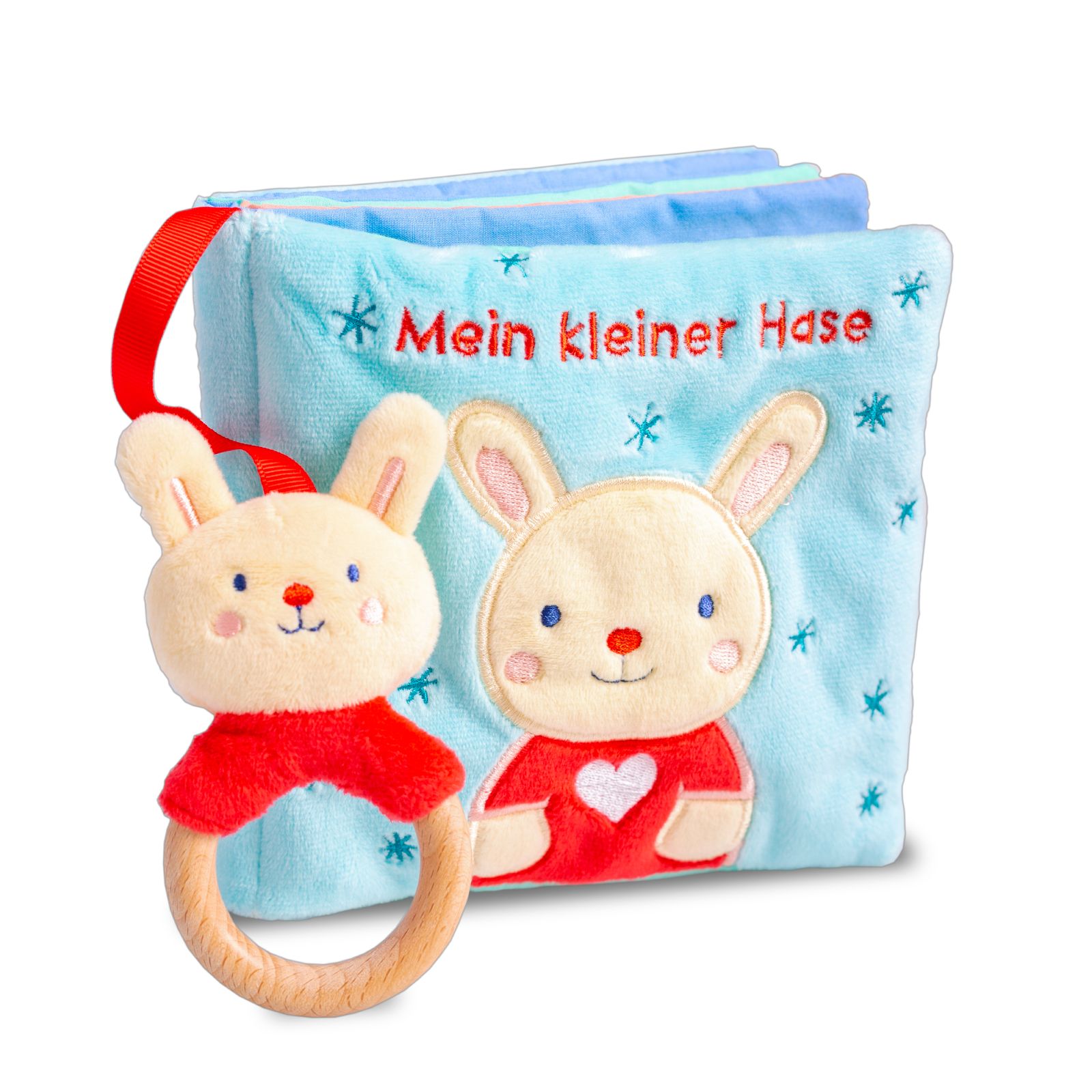 Hellblaues Kuschelbuch mit Hasenmotiv und Holzbeißring. Aufschrift: Mein kleiner Hase. Roter Band zum Greifen.