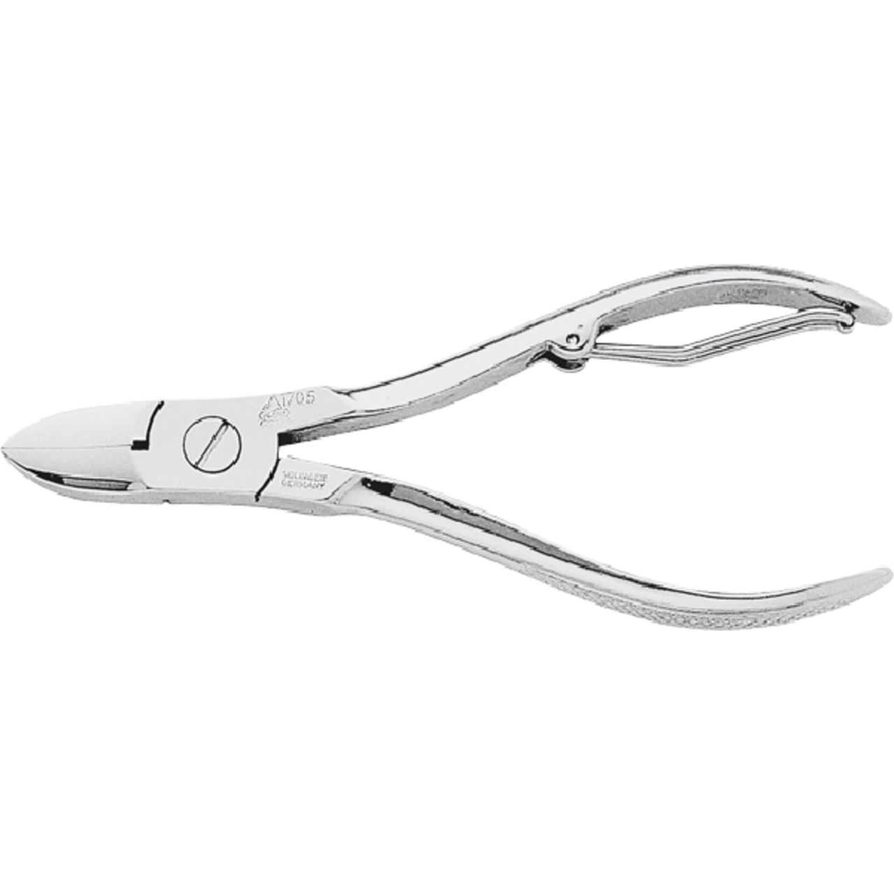 Nagelzange aus Metall. Silberfarben, mit gebogenen Griffen und Schneide. Gelenk mit Schraube. Aufschrift.