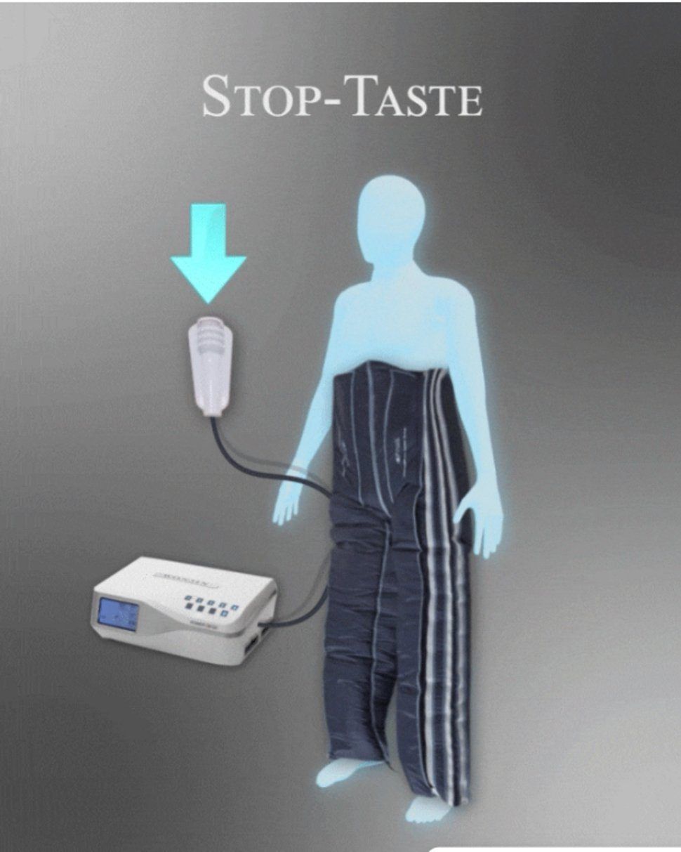 Ganzkörperanzug mit Gerät und Person. Text: Stop-Taste. Blaue Umrisse einer Person.