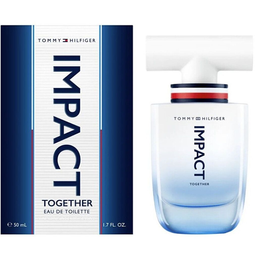 Parfümflakon und Verpackung. Flakon hellblau, weißer Verschluss. Verpackung blau mit weißer Schrift. Aufschrift IMPACT TOGETHER.