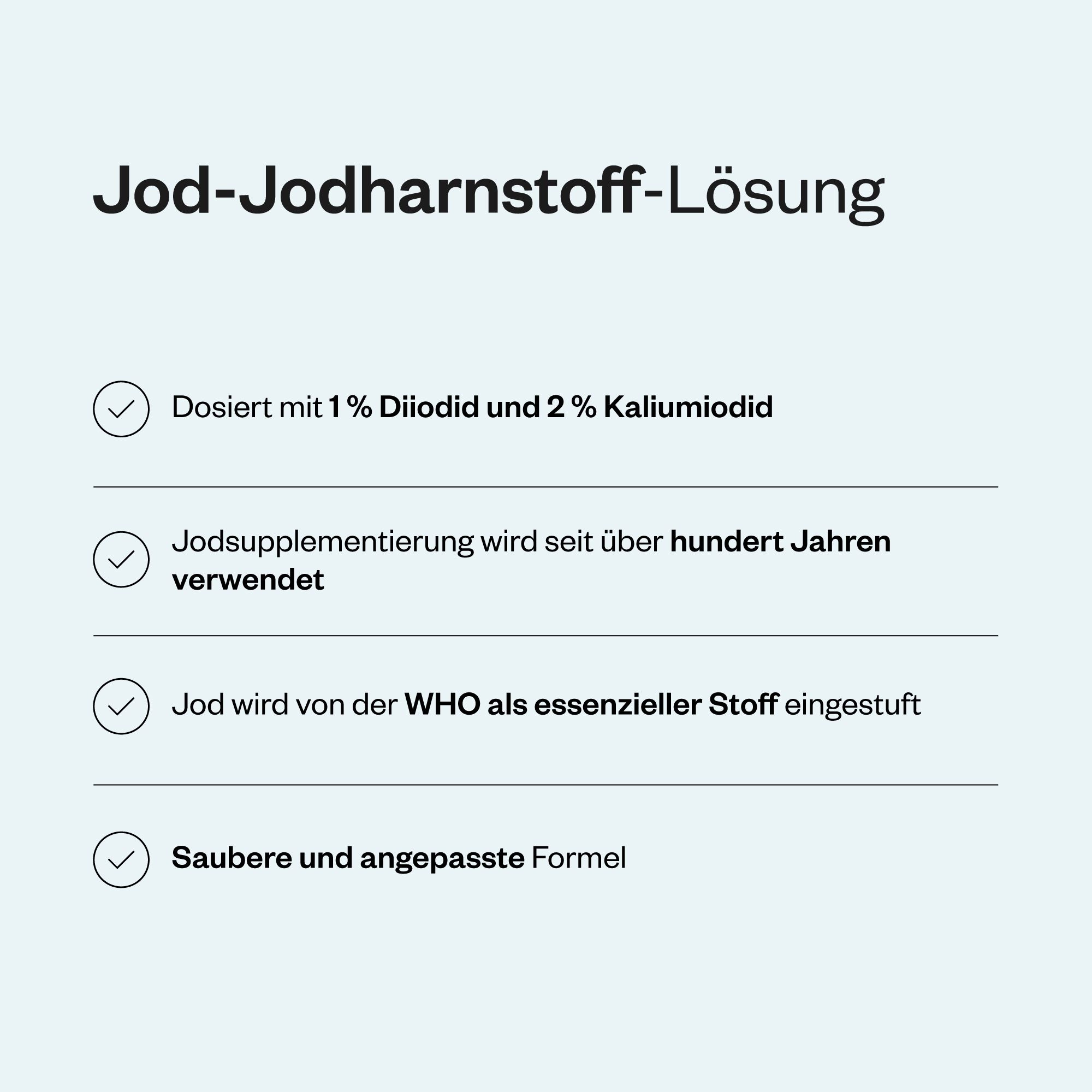 Text mit Stichpunkten: 1% Diiodid, 2% Kaliumiodid, Jod-Supplementierung, Jod als essentieller Stoff, saubere Formel.