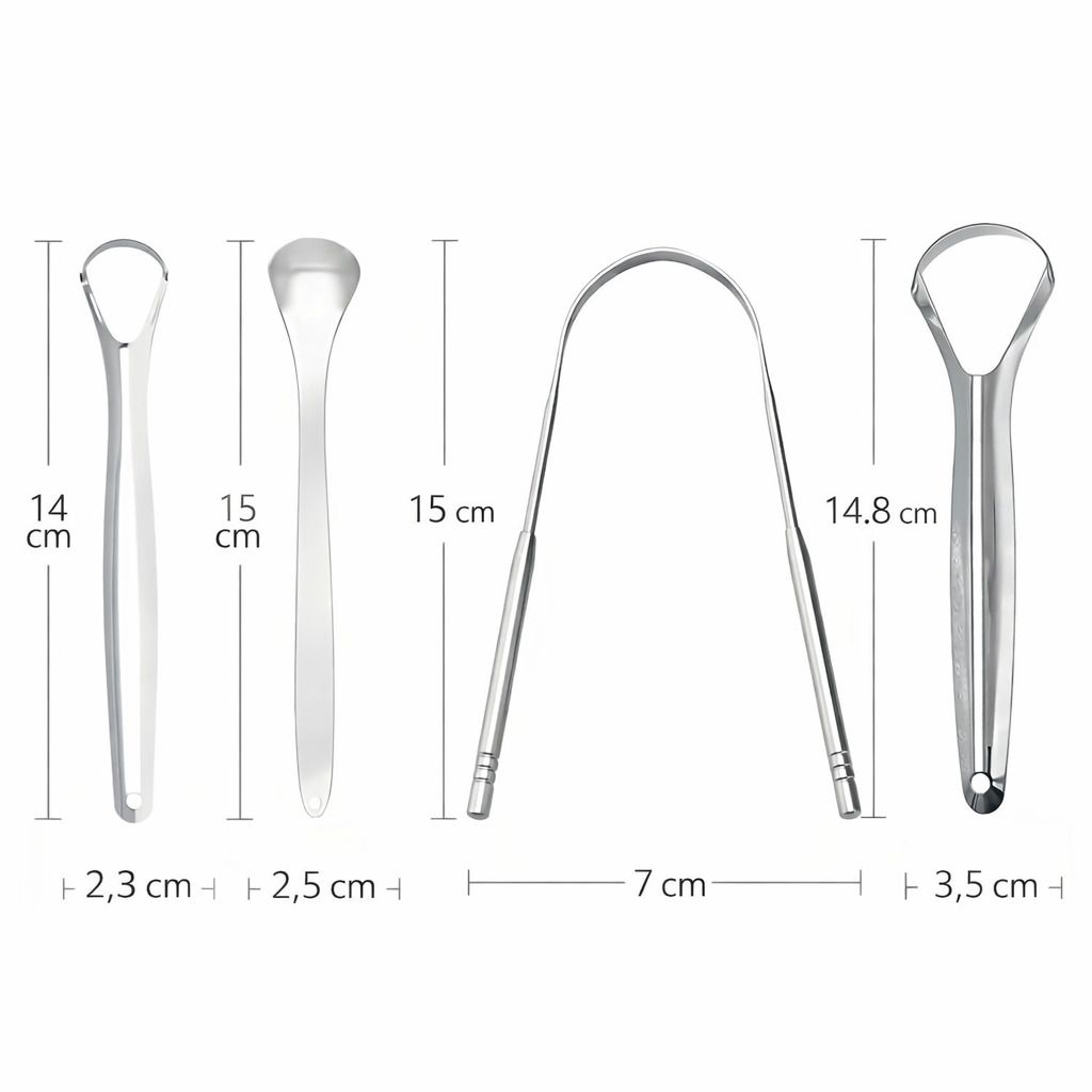 Vier Zungenschaber aus Edelstahl mit Größenangaben. Verschiedene Formen und Größen.