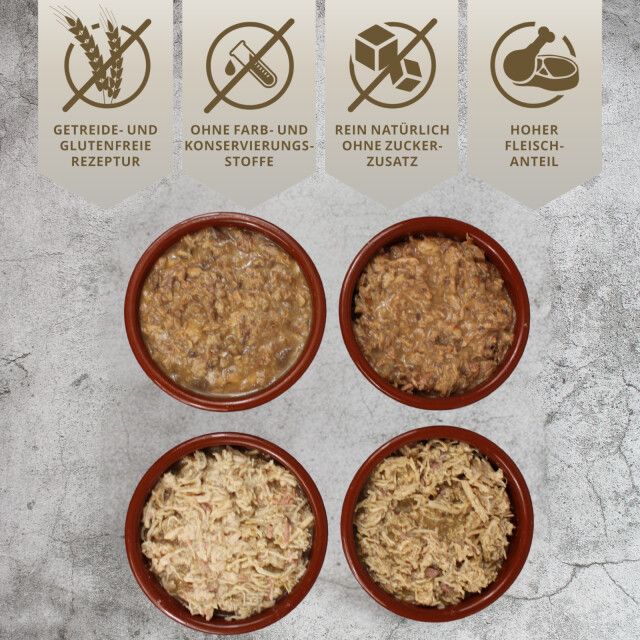 Vier Schalen Katzenfutter. Oben: Symbole für getreidefrei, ohne Farb- und Konservierungsstoffe, ohne Zuckerzusatz, hoher Fleischanteil.