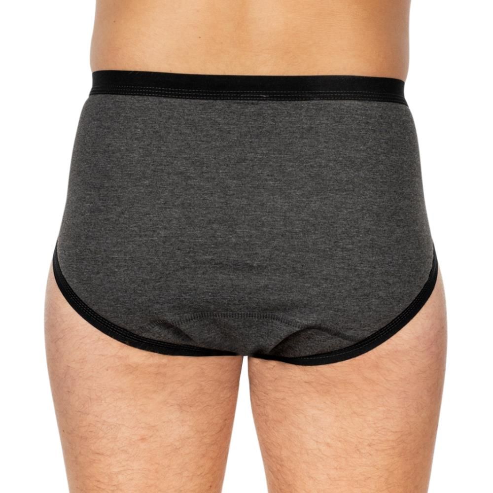 Graue Inkontinenz-Slip, schwarzer Bund und Beinabschluss. Rückansicht, getragen von einer Person.