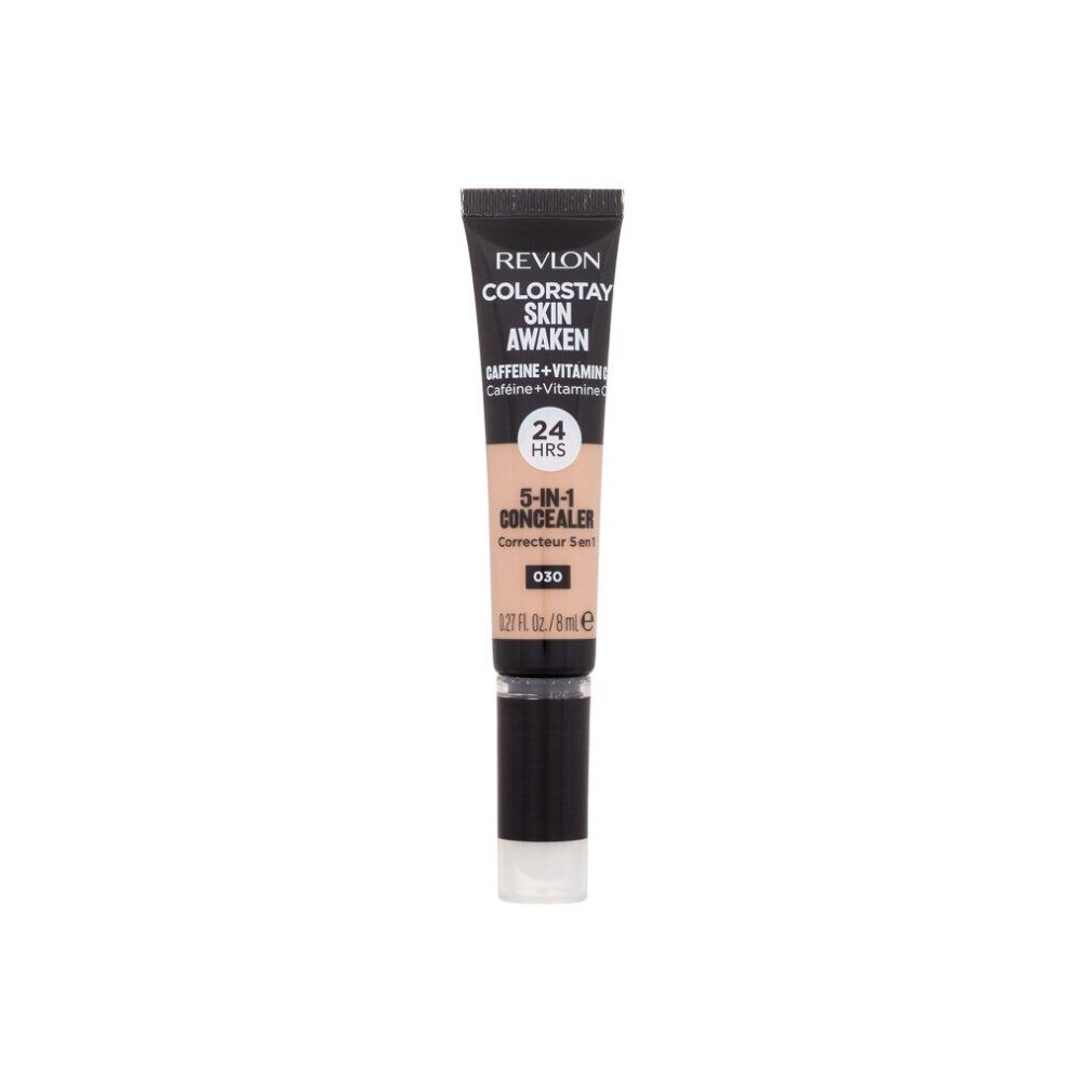 Revlon Colorstay Skin Awaken Concealer. Schwarze Tube mit Produktinformationen. Farbton 030-Light Medium. 5-in-1 Concealer.