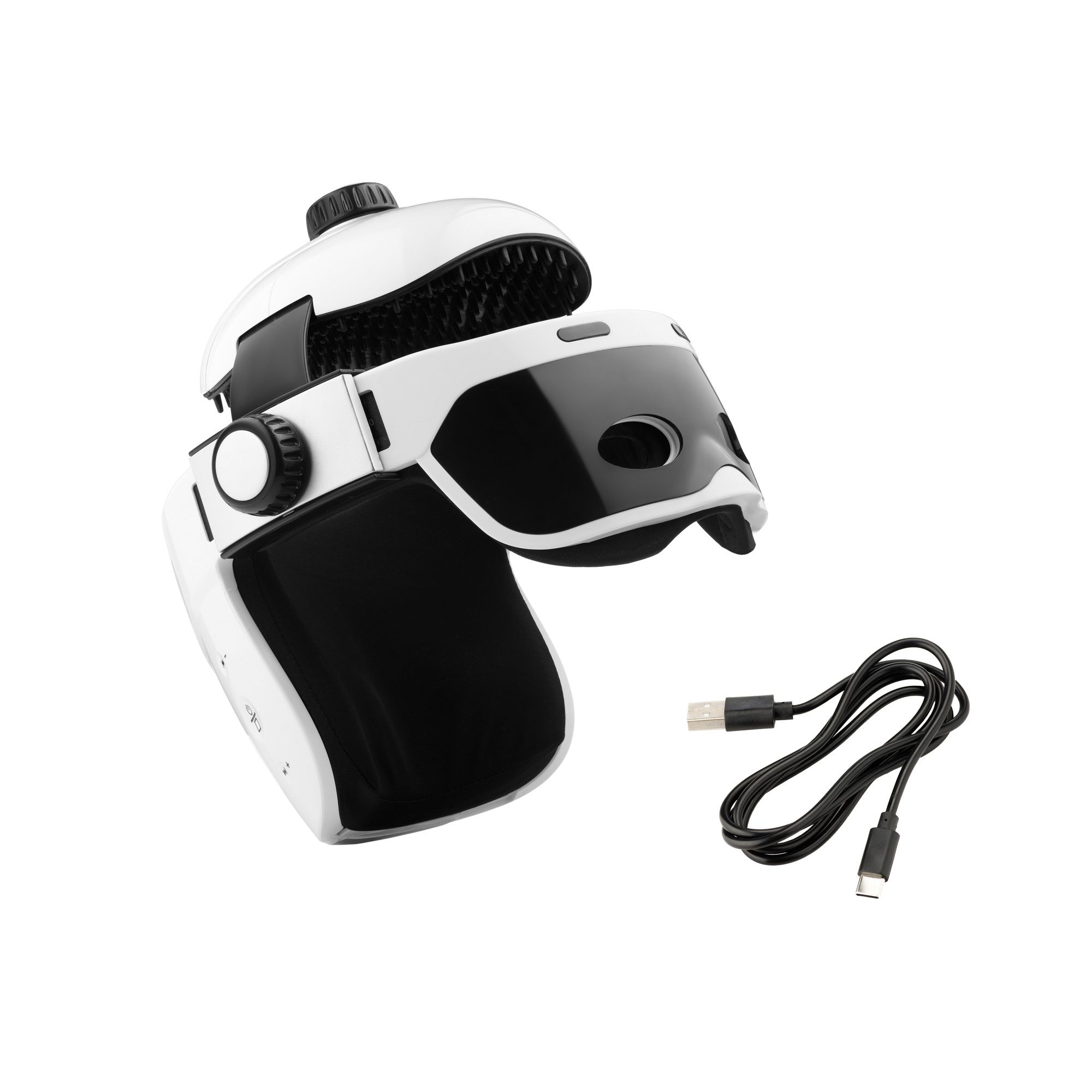 Weiß-schwarzes Massagegerät mit USB-Kabel. Das Gerät hat eine Brillenform und einen verstellbaren Kopfband.