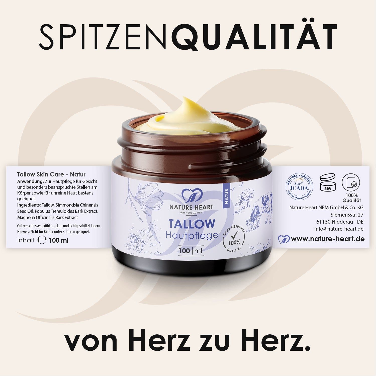 Braunes Glastiegel mit cremiger Hautpflege. Text: Tallow Hautpflege, 100 ml. Zusätzliche Texte: Inhaltsstoffe, Anwendungshinweise, Zertifizierungen.